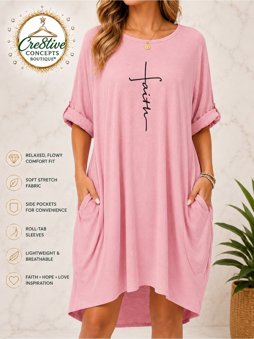 Faith Cross Pocket Dress – Oversized Tunic Dress
